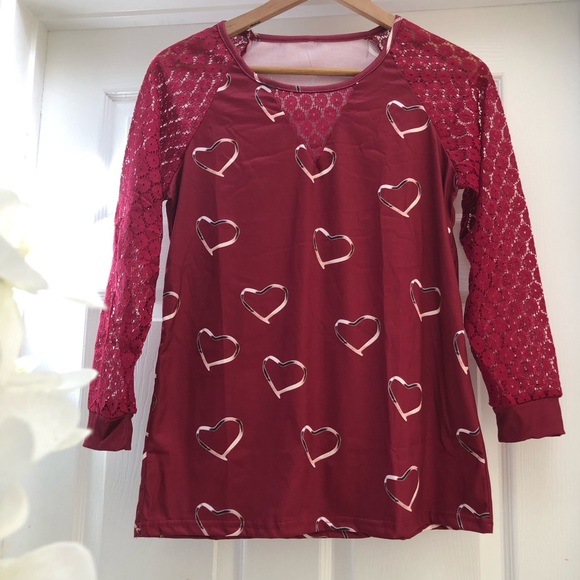 Love Heart Printed Red Lace Long Sleeve Casual Top - Picture 3 of 8